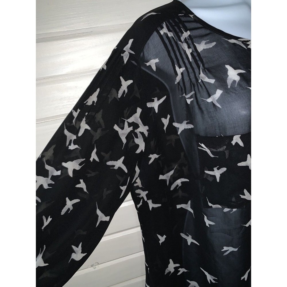 Sejour Blouse Sz 14W Plus Black Ivory Birds Pintucked Button Front Sheer VGUC - Picture 4 of 10